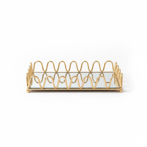 Scalloped Gold Metal Decorative Tray with Mirror Base